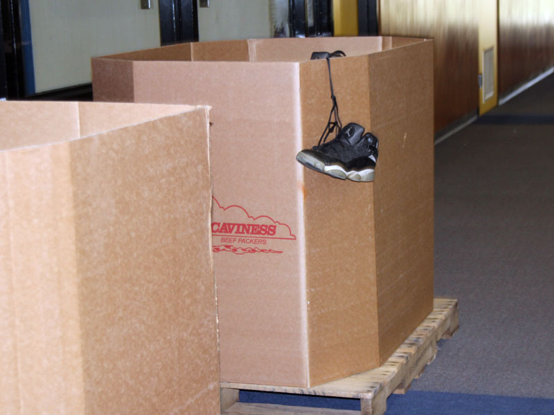 Clothing drive bins located by the Tyler Street doors.