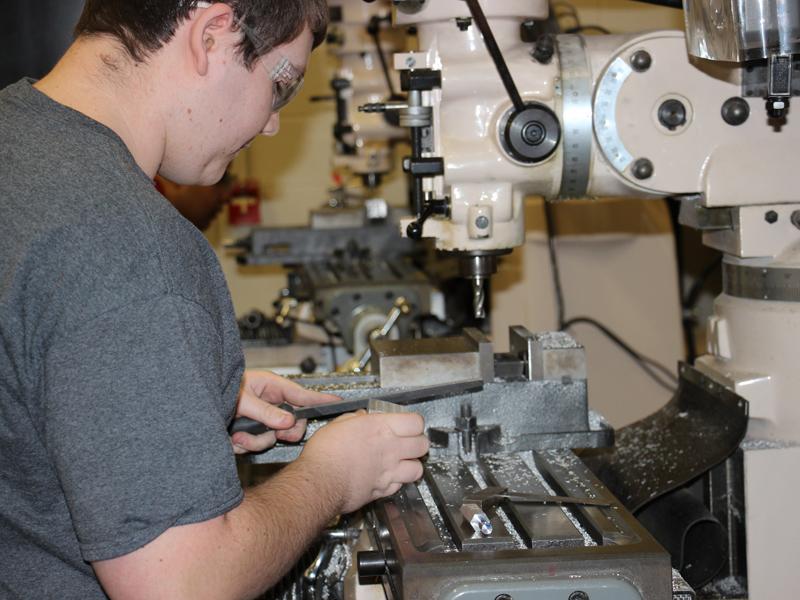 Senior Derek Thurston showcases the skills he is learning in Machine Tools 1. He plans on using these skills in his future engineering career.