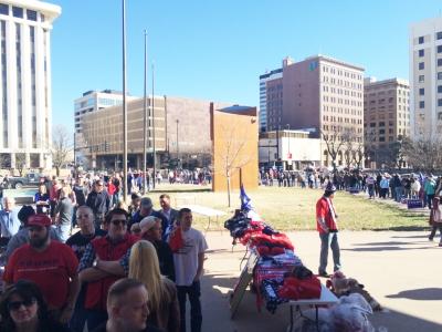 Crowds line up outside Century II for the Trump rally on Saturday, March 5.