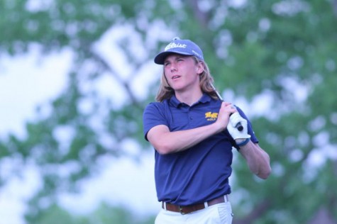 Junior Tyler Fisher tees off at the MacDonald golf course on Monday, April 25.