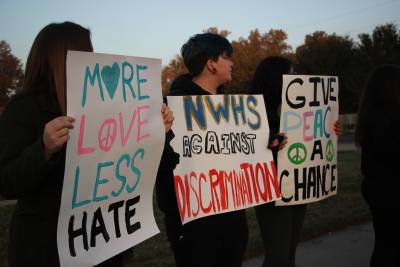 Students hold a ‘peace rally’ before school to promote love and equality.