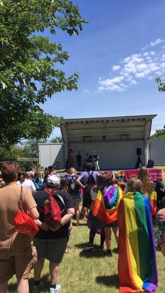 The stage and audience for the drag show to take place.