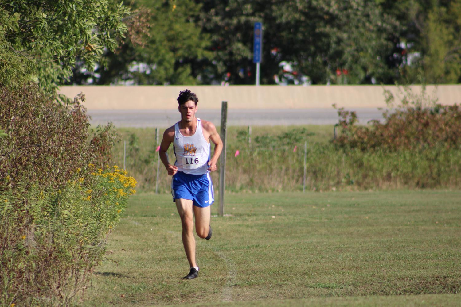 Senior Brayden Rohr takes a commanding lead in the race. His 5k time was 16:59:20.